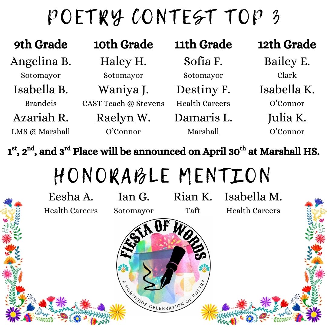 SotoCatsLibrary (@sotocatslibrary) on Twitter photo Congratulations to our poetry contest winners! See y'all at the April 30th event at Marshall HS to celebrate all things poetry! <a href="/NISDLib/">NISDLibraryServices</a> <a href="/NISDSotomayor/">Sotomayor High School</a> Congratulations to our poetry contest winners! See y'all at the April 30th event at Marshall HS to celebrate all things poetry! <a href="/NISDLib/">NISDLibraryServices</a> <a href="/NISDSotomayor/">Sotomayor High School</a>