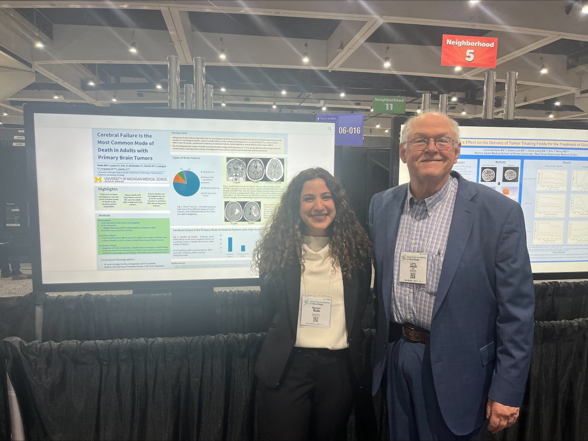 UMichNeurosciences (@umneurosciences) on Twitter photo At #AAN2025, Mariam Reda (<a href="/MariamHReda/">Mariam Reda | مريم رضا</a>), a third-year medical student, presented a poster on cerebral failure (not mass effect) being the most common mode of death in adults with primary brain tumors. Here, she is joined by senior author Dr. Larry Junck. Congratulations! At #AAN2025, Mariam Reda (<a href="/MariamHReda/">Mariam Reda | مريم رضا</a>), a third-year medical student, presented a poster on cerebral failure (not mass effect) being the most common mode of death in adults with primary brain tumors. Here, she is joined by senior author Dr. Larry Junck. Congratulations!