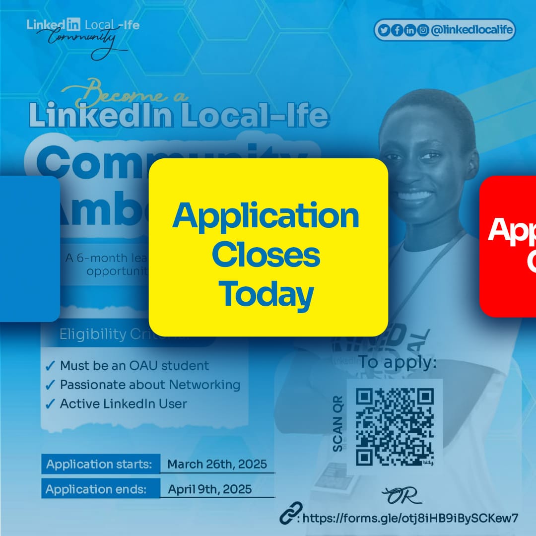 LinkedIn_Ife's tweet photo. Application for LinkedIn Local-Ife Community Ambassadors Program closes Today! π«£
if you're yet to apply, you still have few hours left.π₯
There will be no extension to the deadline now!π
https://t.co/dydzb66GC6
#LLIC #LinkedInLocalIfe #linkedlocalife https://t.co/ar20OiaRGj