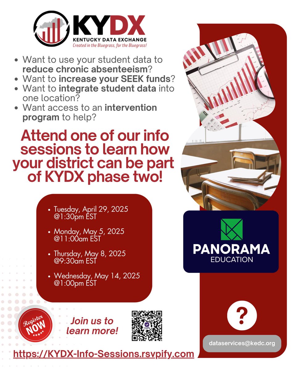 KEDC1's tweet photo. 📊Want to reduce chronic absenteeism, boost SEEK funds &amp; unify student data?

Join a #KYDX info session to see how your district can be part of Phase Two!

🗓️Starts April 29
🔗https://t.co/8bCSGLZlhx 🚀👨‍🏫📉 https://t.co/a7avZWchul