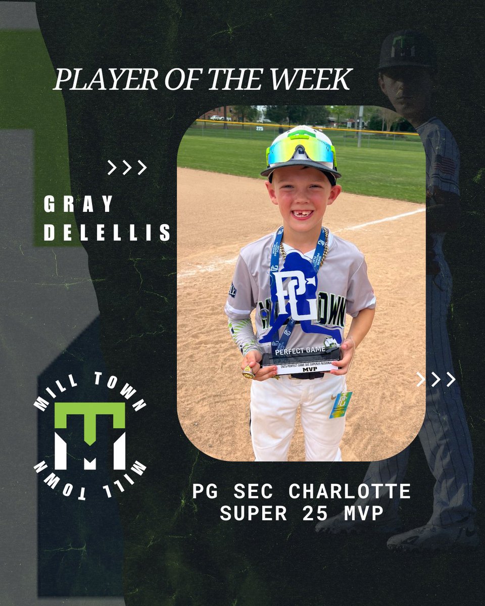 MillTown_MTB's tweet photo. This week's Mill Town Player of The Week is Gray DeLellis! Gray won the PG SEC Charlotte Super 25 MVP after a stellar performance this weekend with the tournament champion 8u Trosky team🔥 Holding it down in the field and batter's box, Gray showed what Mill Town is all about🚀 https://t.co/oviMFat6nP