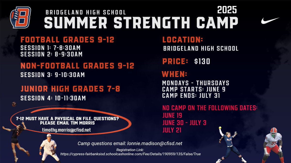 2025 SAC Camp information for  <a href="/BridgelandFB/">The Bridgeland Way</a> listed below. Remember championships are won in the offseason through hard work and dedication!! See you ALL out there this summer!! #wintheday <a href="/BridgelandCFISD/">Bridgeland HS</a>