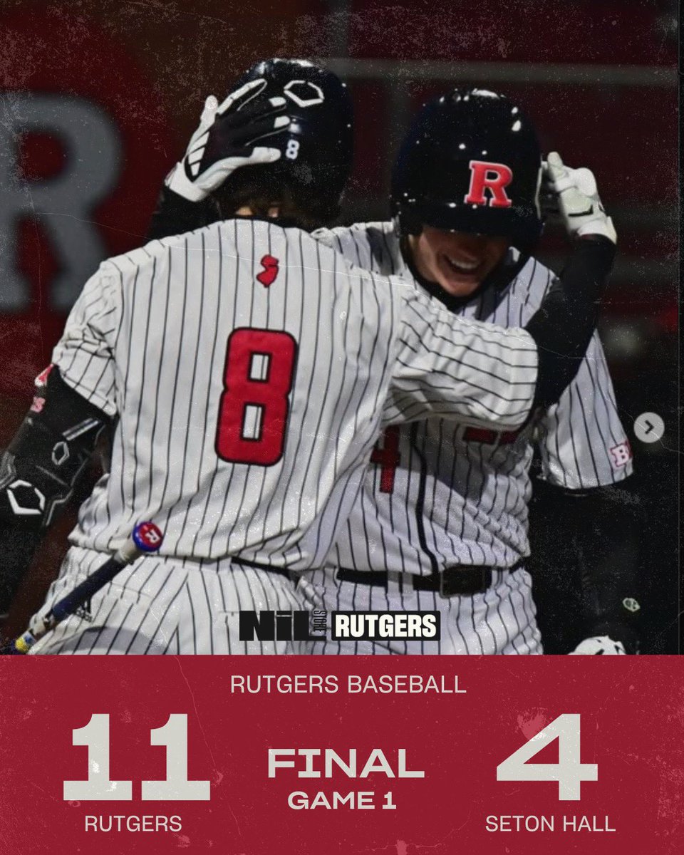 Rutgers brought the heat!  Final score: 11-4 over Seton Hall. Big win, bigger energy—now’s the time to rep your favorite athlete and show your support! 
 #RUBaseball #ChopChop #RUNIL

rutgers.nil.store/collections/ba…