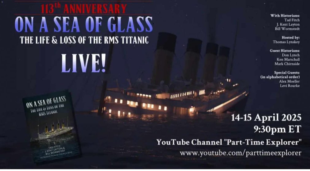 Hosted by Thomas Lynskey, it includes special guests Alex Moeller and Levi Rourke; historians and On A Sea of Glass co-authors Tad Fitch, J. Kent Layton and Bill Wormstedt; and guest historians Don Lynch, Ken Marschall and I. 

markchirnside.co.uk/on-a-sea-of-gl…