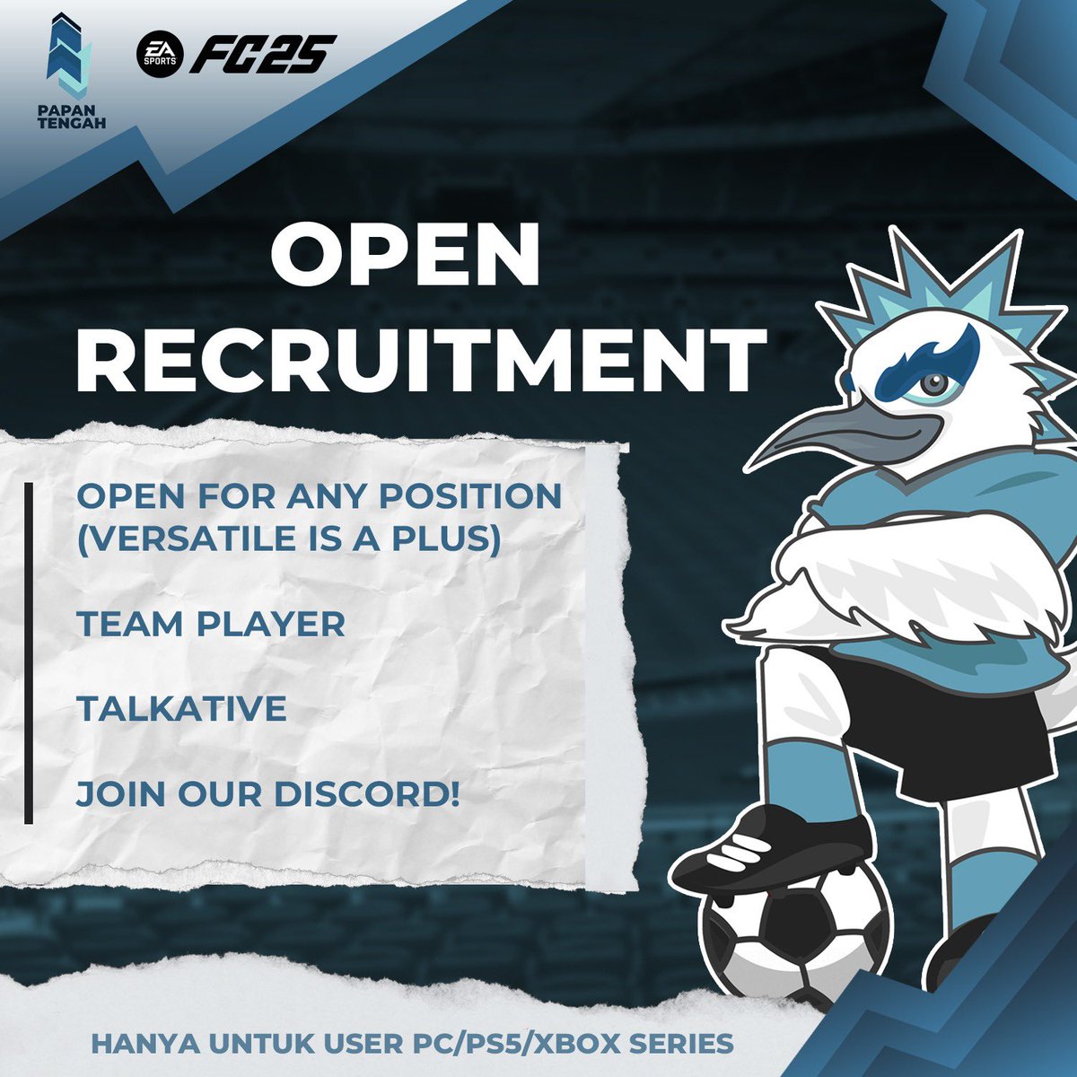 Holaa Teng!! Kali ini MinTeng sedang mencari pemain-pemain FC 25 yang mau mabar ataupun ketemu pemain-pemain FC 25 lain!!!

Bagi kalian yang berminat untuk gabung ke klub FC 25 Papan Tengah bisa langsung DM MinTeng yaa atau reply twit ini dan nanti akan kita DM!!!