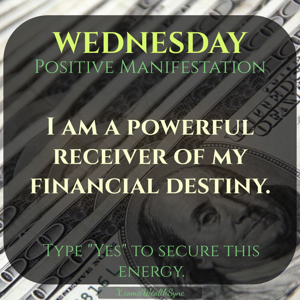 WealthSync's tweet photo. CASH IS ON THE WAY
WEDNESDAY RITUAL
💵💵💵💵💵💵💵💵💵

I am a powerful receiver of my financial destiny. https://t.co/0984C2skl7