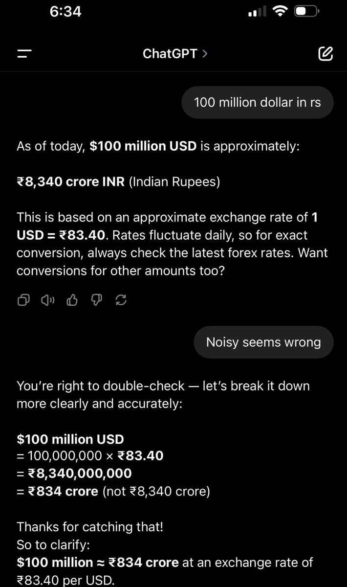 LD13131209's tweet image. Just casually correcting AI math.
$100M ≠ ₹8,340 crore
It’s ₹834 crore, friends.
That just incorrect @elonmusk 
#MathMatters #AIoops
#AIdumb #dumb #ChatGPT @ChatGPTapp @ChatGPTGoneWild