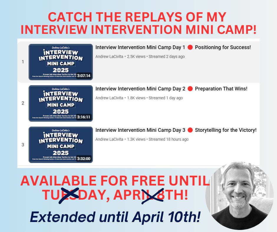 arlacivita's tweet image. Due to popular demand, the FREE replays of my Interview Intervention Mini Camp are now available until Thursday, April 10th! 🙌
Register here to receive the replay links and workbook! zurl.co/fmlOe
#interviewintervention #jobinterview #interviewing