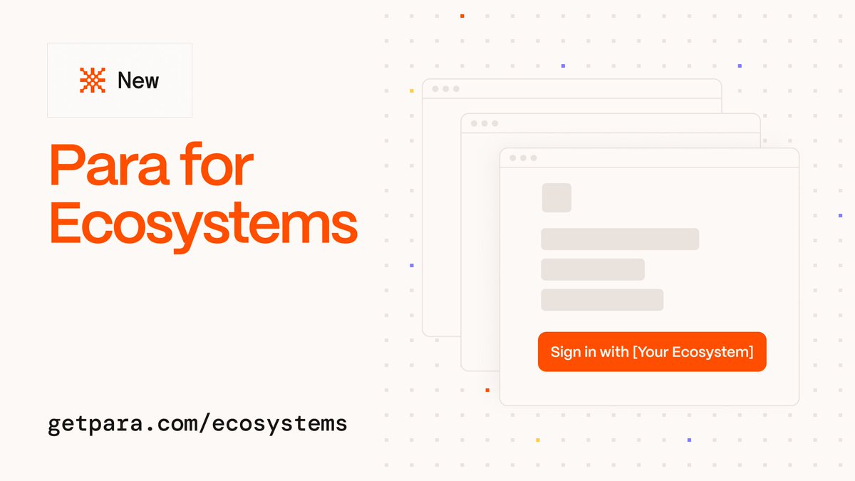 get_para's tweet photo. 1/ Introducing Para for Ecosystems ✴️

Built for ecosystems that want to bring everything – and everyone – together.

Para for Ecosystems unifies your user base with a single, secure identity that works across all apps. It's:

– Universal, by default
– Versatile, supporting existing setups or fresh integrations
– Powerful and Growth-Optimized, with ecosystem-level analytics and team tools built into the Developer Portal so you can track usage and manage integrations across apps with ease

👇