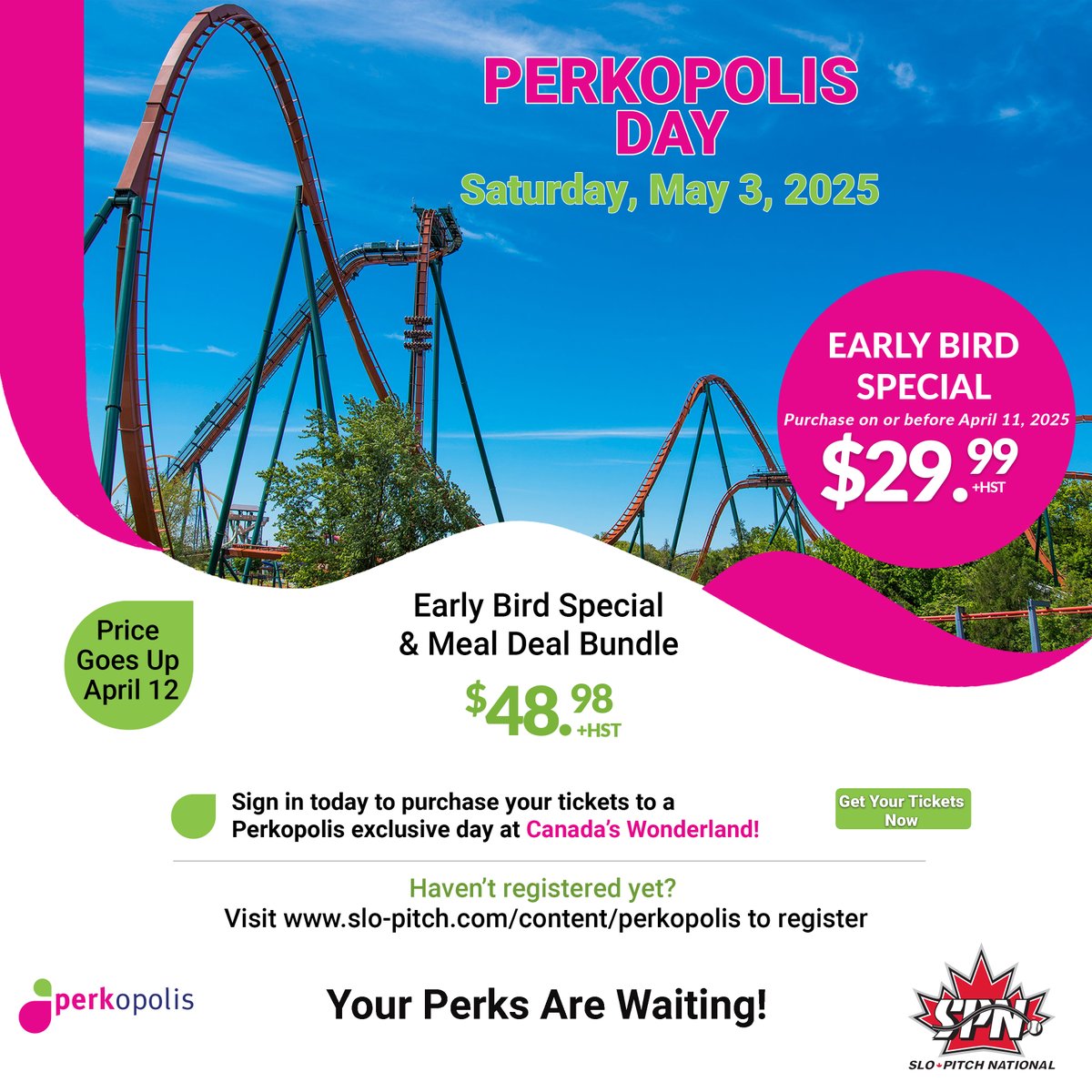 Reach new heights in your summer adventures. 🎢 ☀️
Don’t miss out on 𝗣𝗲𝗿𝗸𝗼𝗽𝗼𝗹𝗶𝘀 𝗗𝗮𝘆 at Canada’s Wonderland. 
Get tickets by April 11 for even more savings.

As a registered SPN member, you unlock exclusive perks from Perkopolis!

To register: slo-pitch.com/content/perkop…
