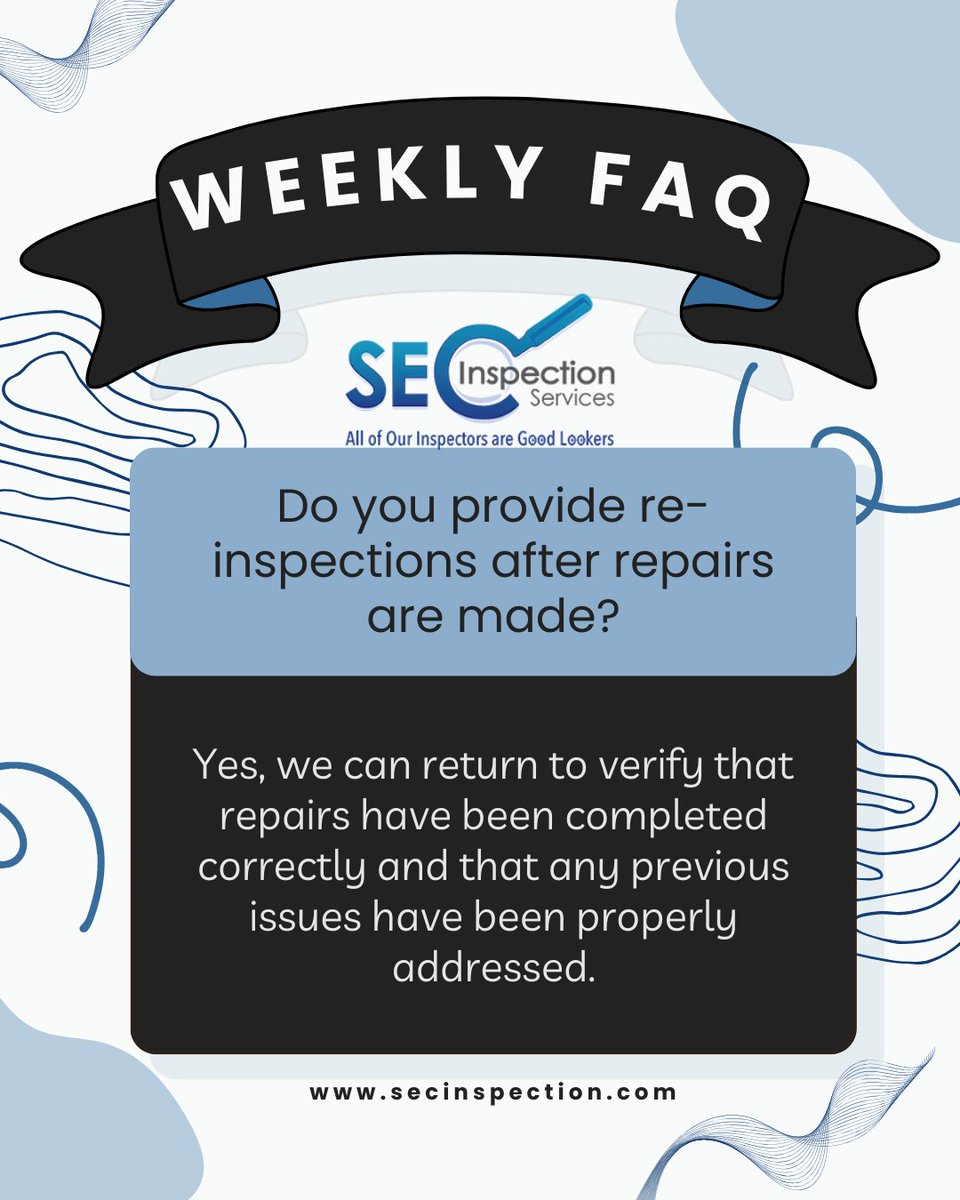 G00dL00ker's tweet image. Peace of Mind, Verified.

We’ll return after repairs to ensure everything’s fixed right and your peace of mind is fully restored.
Read more FAQ here: secinspection.com/faq/

(727) 359-0935

#PeaceOfMindGuaranteed #VerifiedRepairs #HomeInspectionExperts #HomeRepairsDoneRight