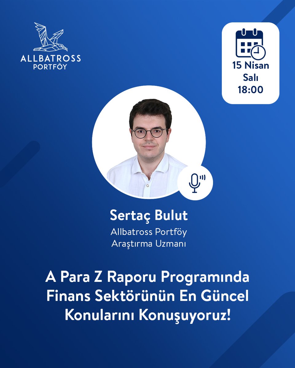 Allbatross Portföy Araştırma Uzmanı <a href="/SertacBulutArs/">Sertaç Bulut</a>, 15 Nisan Salı saat 18.00'da <a href="/apara_tv/">A Para</a> Z Raporu programına konuk oluyor. Ekonomi sektöründeki en sıcak konulardan Allbatross uzmanlığı ile haberdar olmak için programı kaçırmayın!

#AllbatrossPortföy