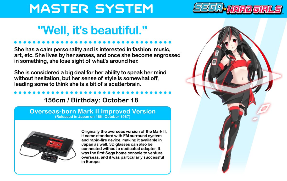 SEGAInforment's tweet photo. SEGA Hard Girl #4 -     

Introducing Master System! https://t.co/Ju8Lh8j3Np