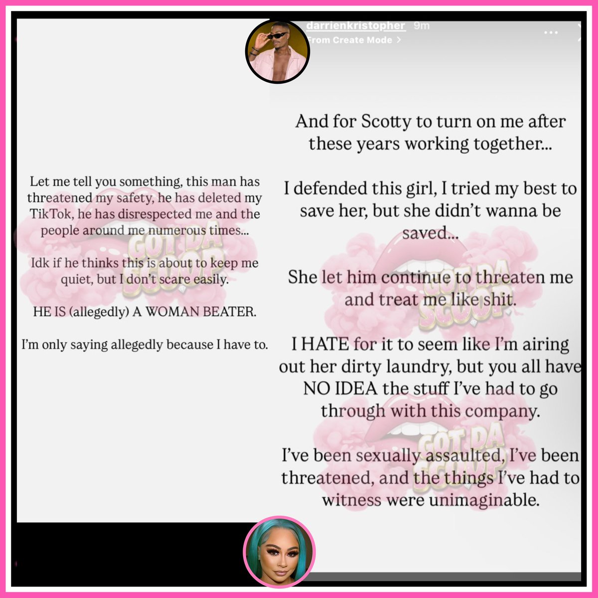 GotDaScoop's tweet photo. Chileeee Scotty With The Body’s stylist done had enough and is over there spilling. 👀😩

He’s insinuating that Scotty allows Lemuel Plummer to beat on her and chokeher dog out all for a check. 👀

He claims that he’s been sexually assaulted and threatened. 👀😩 https://t.co/Lptvz7dcyQ