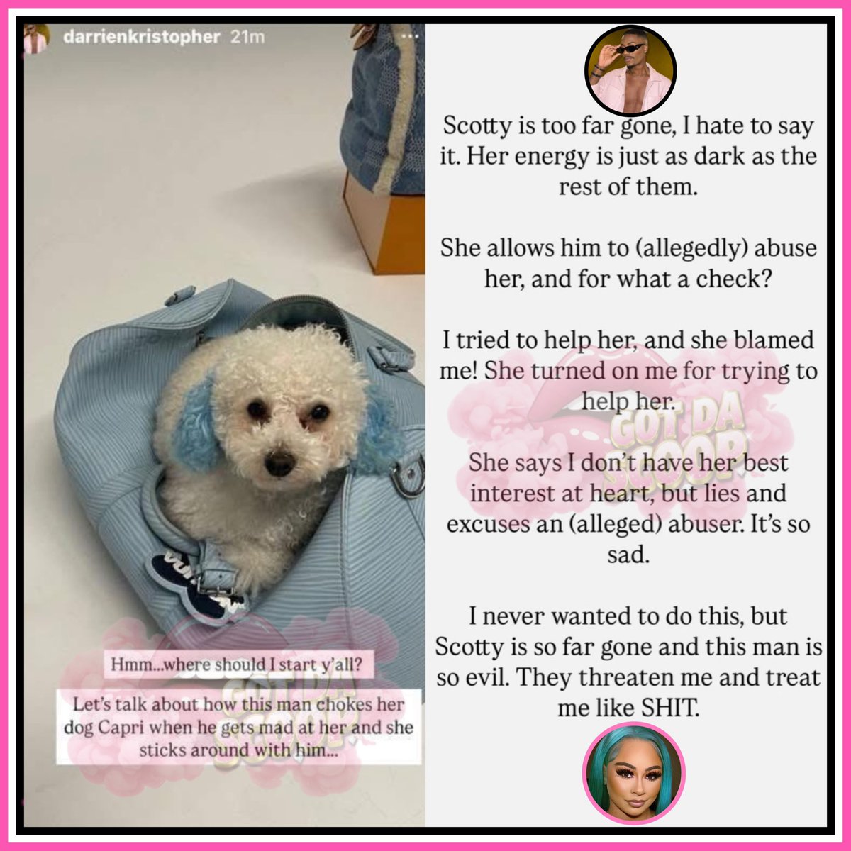GotDaScoop's tweet photo. Chileeee Scotty With The Body’s stylist done had enough and is over there spilling. 👀😩

He’s insinuating that Scotty allows Lemuel Plummer to beat on her and chokeher dog out all for a check. 👀

He claims that he’s been sexually assaulted and threatened. 👀😩 https://t.co/Lptvz7dcyQ