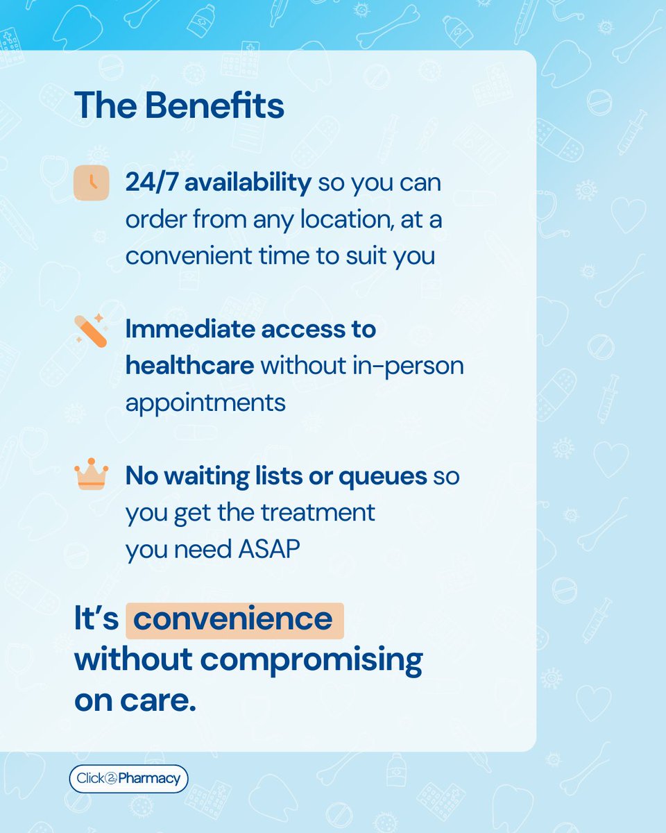 click2pharmacy's tweet photo. Thinking of using an online pharmacy? 💻

Here’s how it works and why more people in the UK are choosing to order their treatments online.

It’s safe, discreet, and fits around your day.

#OnlinePharmacy #UKPharmacy #PrescriptionOnline https://t.co/swHlRFvm6x