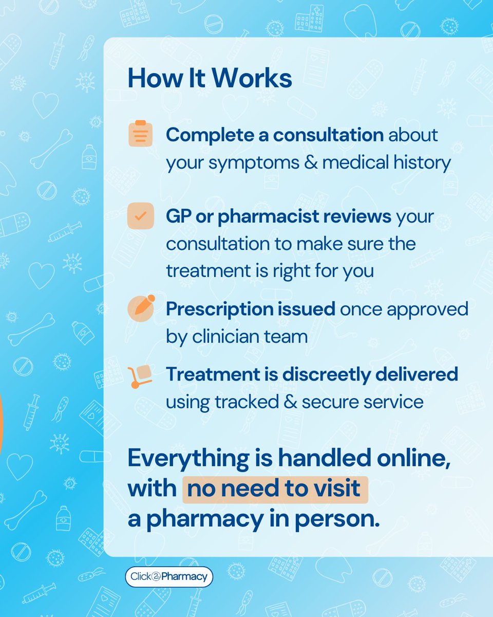 click2pharmacy's tweet photo. Thinking of using an online pharmacy? 💻

Here’s how it works and why more people in the UK are choosing to order their treatments online.

It’s safe, discreet, and fits around your day.

#OnlinePharmacy #UKPharmacy #PrescriptionOnline https://t.co/swHlRFvm6x