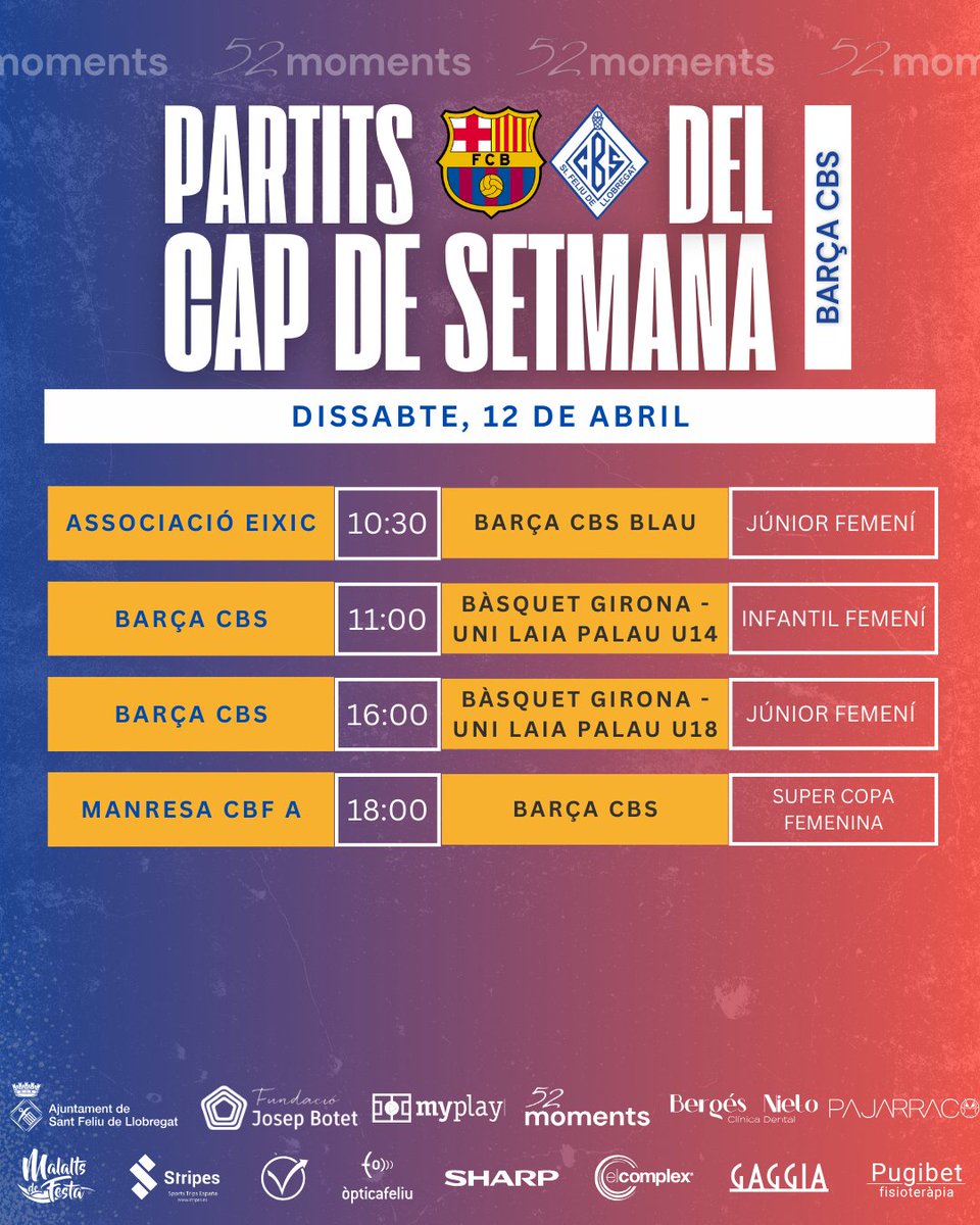 Cbsbasket_fem's tweet photo. 📊 Aquests són els partits del cap de setmana del nostre bàsquet femení @FCBbasket_fem 🏀🤞
🏀 #52moments #FemClubFemAfició #Base #CBS #98anys #CamidelCentenari #Bàsquet #game #esports #sports #partits #barcelona #feliçpasqua #bonapascua https://t.co/scSBFlOTne