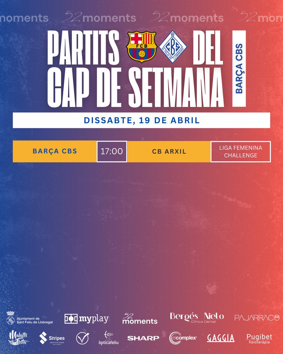 Cbsbasket_fem's tweet photo. 📊 Aquests són els partits del cap de setmana del nostre bàsquet femení @FCBbasket_fem 🏀🤞
🏀 #52moments #FemClubFemAfició #Base #CBS #98anys #CamidelCentenari #Bàsquet #game #esports #sports #partits #barcelona #feliçpasqua #bonapascua https://t.co/scSBFlOTne