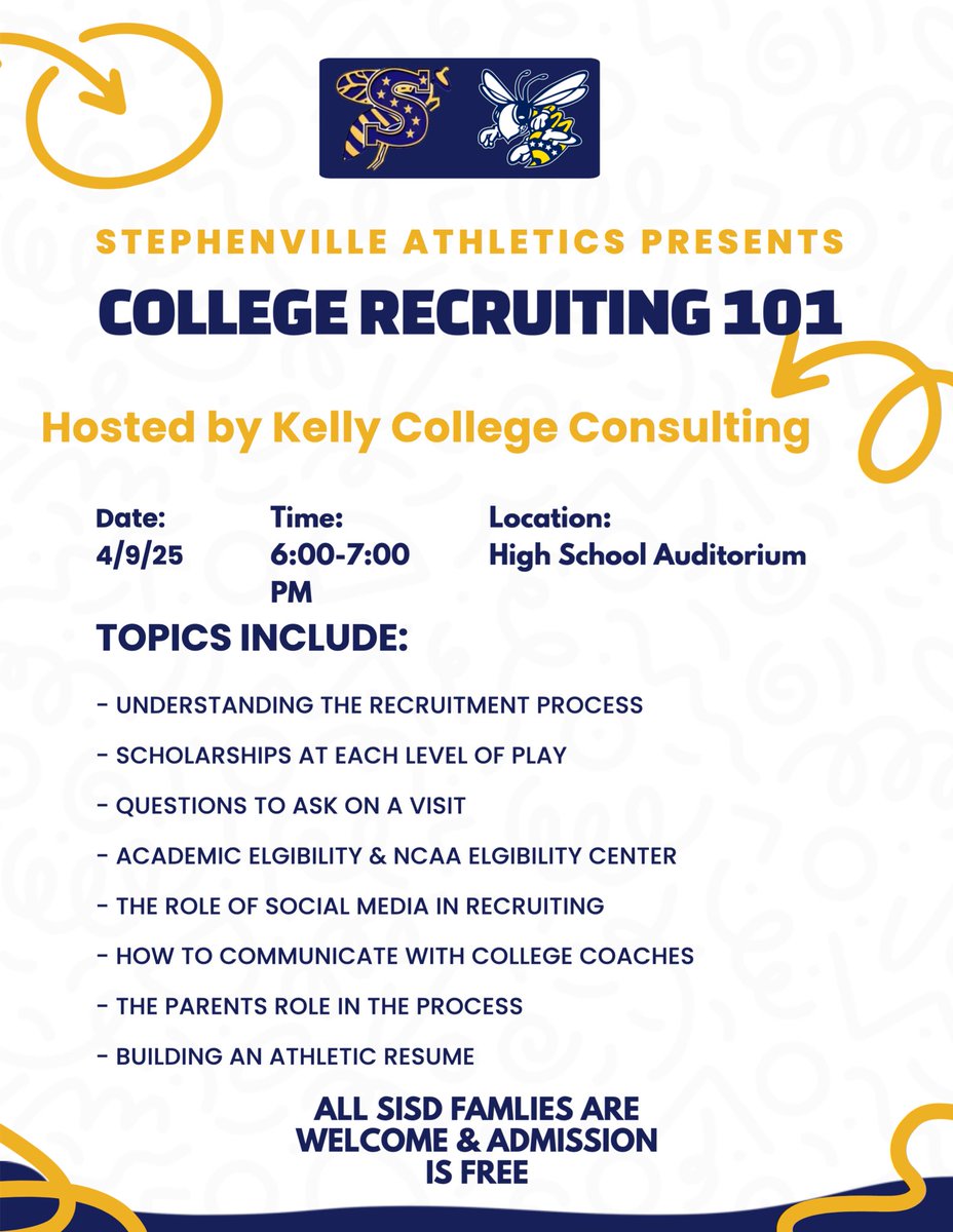 Coach Justin Swenson (@sville_swenson) on Twitter photo 🚨 All SISD Parents and Students are welcome to this free event this evening. 🚨 <a href="/sville_sports/">Stephenville Athletics</a> <a href="/CoachDoty_SHS/">Sterling Doty</a> <a href="/SvilleSb/">Stephenville HS Softball</a> <a href="/HoneybeesBB/">@HoneybeeBasketball</a> <a href="/AlecDBryant/">Alec Bryant</a> <a href="/SvilleYJFB/">StephenvilleFootball</a> 🚨 All SISD Parents and Students are welcome to this free event this evening. 🚨 <a href="/sville_sports/">Stephenville Athletics</a> <a href="/CoachDoty_SHS/">Sterling Doty</a> <a href="/SvilleSb/">Stephenville HS Softball</a> <a href="/HoneybeesBB/">@HoneybeeBasketball</a> <a href="/AlecDBryant/">Alec Bryant</a> <a href="/SvilleYJFB/">StephenvilleFootball</a>