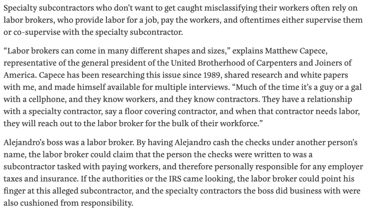 David Dayen (@ddayen) on Twitter photo The construction industry has developed a series of schemes to deny workers pay and benefits, while shielding everyone up the contracting chain. Infuriating piece from <a href="/sarahlazare/">Sarah Lazare</a>, in conjunction with <a href="/workdaymagazine/">Workday Magazine</a>. The construction industry has developed a series of schemes to deny workers pay and benefits, while shielding everyone up the contracting chain. Infuriating piece from <a href="/sarahlazare/">Sarah Lazare</a>, in conjunction with <a href="/workdaymagazine/">Workday Magazine</a>.
