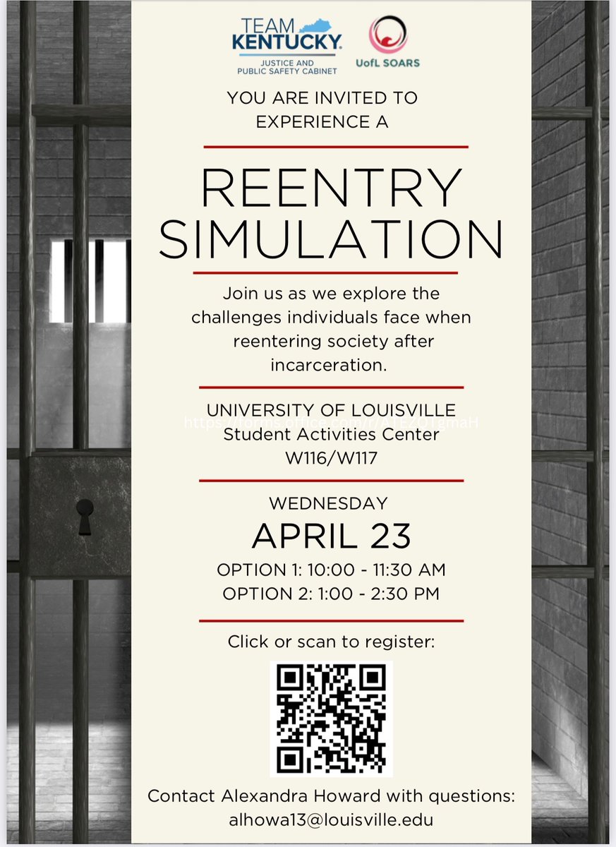 Join SOARS as we present an eye-opening Reentry Simulation at the University of Louisville.

Date: Wednesday, April 23
Location: Student Activities Center W116/W117

#UofLSOARS #ReentryMatters #SupportSecondChances #SystemImpactedScholars