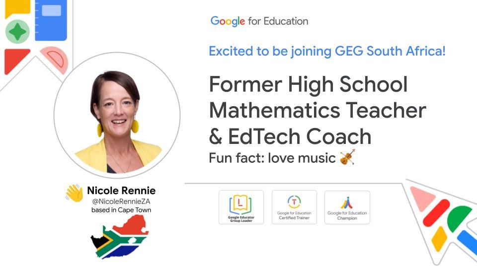 🇿🇦 Join us for our monthly <a href="/GEG_ZA/">Nicole Rennie</a> MeetUp tomorrow, 4pm SAST! We’ll connect and hear firsthand stories from #GoogleReferenceSchools! ✨
🟢 Thurs 10 April
🔴4-5pm, SAST 
🟡meet.google.com/sfy-crfs-uty
🔵 Create &amp; reply with your own intro slide: docs.google.com/presentation/d…