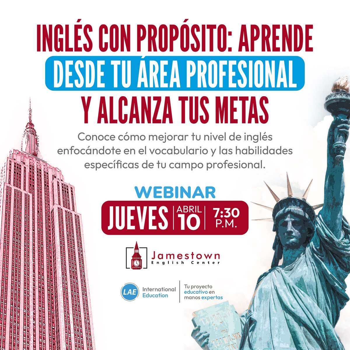 #ATENCIÓN | Webinar exclusivo "Inglés con propósito": Aprende inglés con Jamestown English Center de manera presencial o virtual.

Prepárate de la mejor forma para tu siguiente paso académico y profesional en el exterior.

Regístrate en lnkd.in/extKuNBB