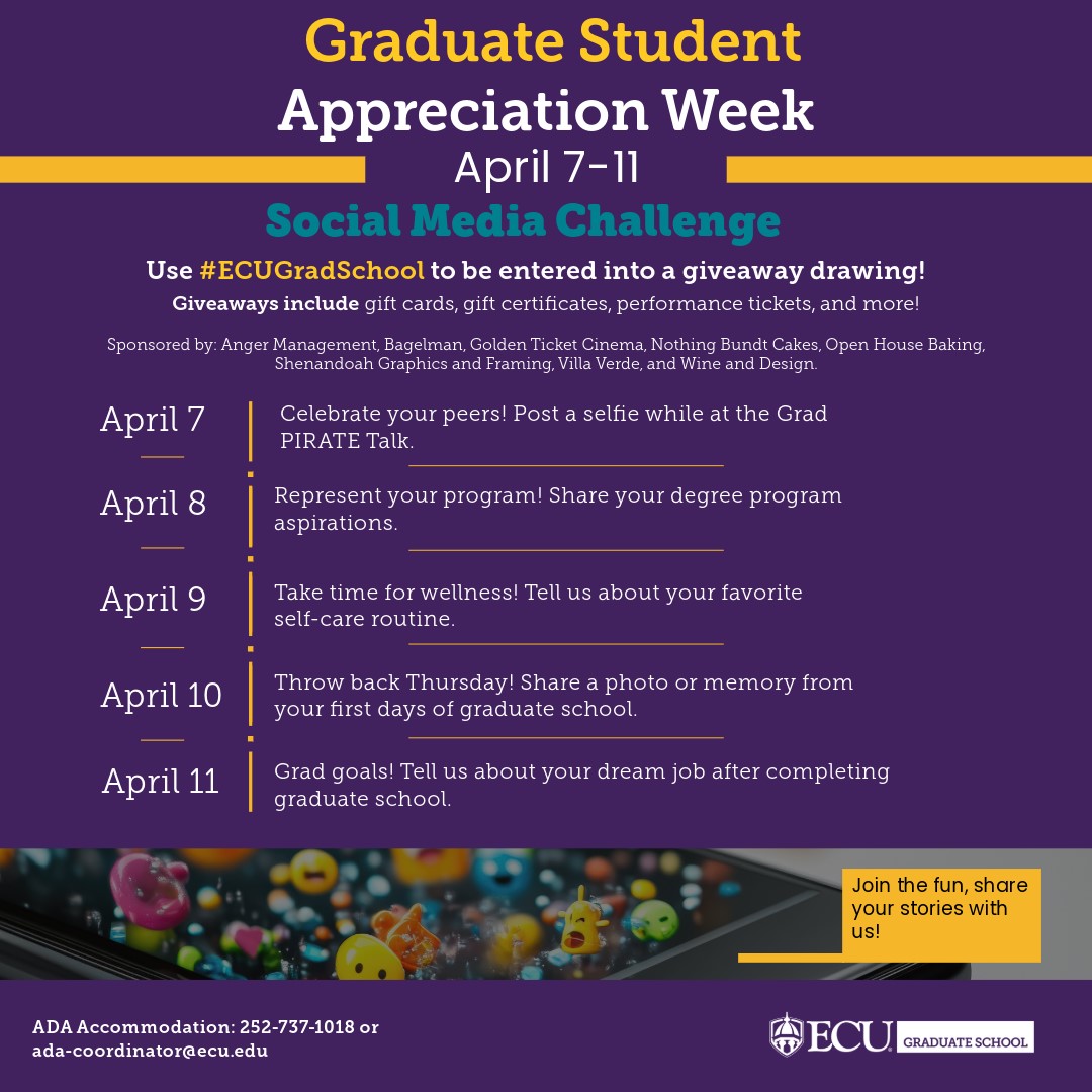 ECUGradSchool's tweet image. 🗓️ Wednesday, 4/9 and Day 3 of #ECU #GPSAW 
✍️ Don't forget about the #socialmediachallenge for #GradPirates, near &amp;amp; far! #ECUGradSchool