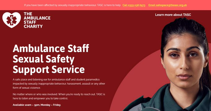 AACE_org's tweet photo. . @TASCharity's #Ambulance Staff #SexualSafety Support Service is a confidential listening ear phoneline, operated by TASC staff specifically trained to support those whoβve experienced sexually inappropriate behaviour and need a safe space.
> https://t.co/ON1GQcHA6F https://t.co/hQEWDSJFKb