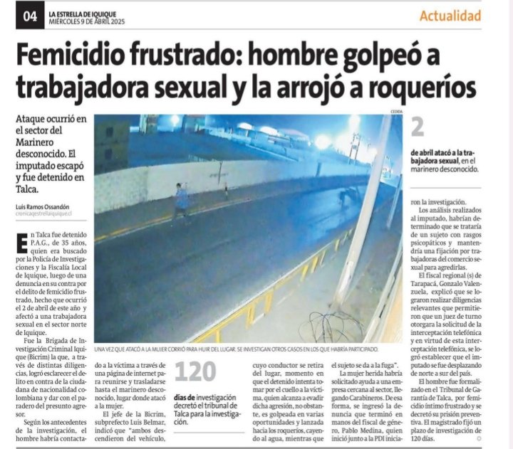 PDI_Tarapaca's tweet photo. Prensa de hoy 👀🔎💙
@laestrellaiqq 
Investigación de los detectives de la #BICRIM #Iquique detuvieron al autor de un femicidio frustrado y de la BIRO Iquique, que capturaron a mujer con orden de aprehensión vigente por robo con intimidación.
#PDI #92años
#LideresEnInvestigación https://t.co/CXl1kM03Jq