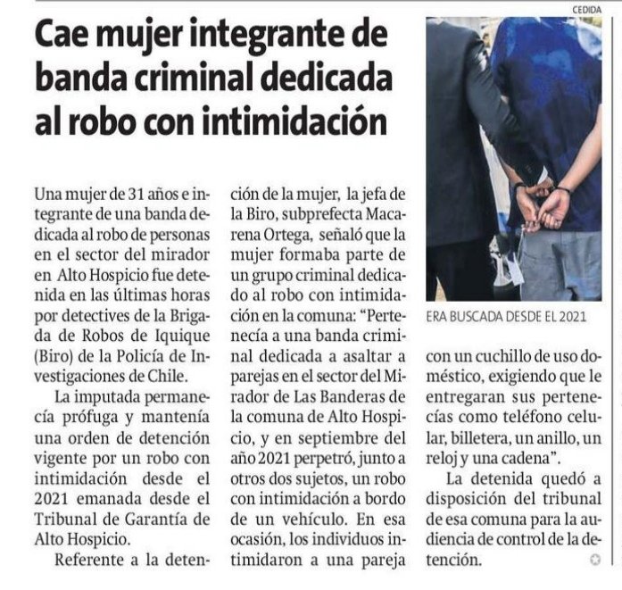 PDI_Tarapaca's tweet photo. Prensa de hoy 👀🔎💙
@laestrellaiqq 
Investigación de los detectives de la #BICRIM #Iquique detuvieron al autor de un femicidio frustrado y de la BIRO Iquique, que capturaron a mujer con orden de aprehensión vigente por robo con intimidación.
#PDI #92años
#LideresEnInvestigación https://t.co/CXl1kM03Jq