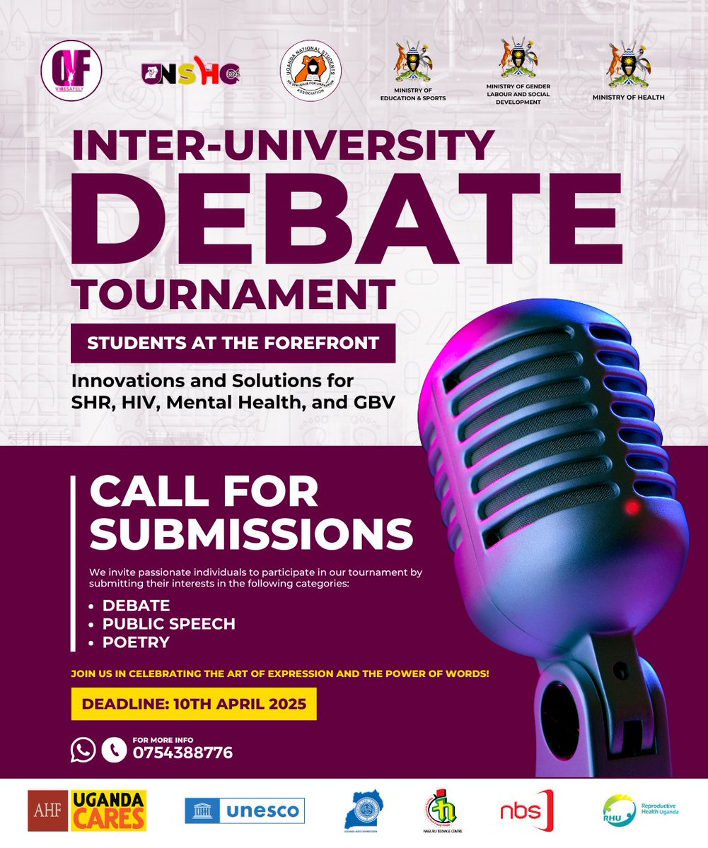 Get ready to UNLEASH YOUR VOICE!

We're calling all students to Join the #UNSHC25 Tournament and showcase your skills in;
🎯Debate
🎯Poetry
🎯Public Speaking
Share your perspectives, spark conversations, and shape the future of health in Uganda! 🥁🥁🥁🥁🥁🥁