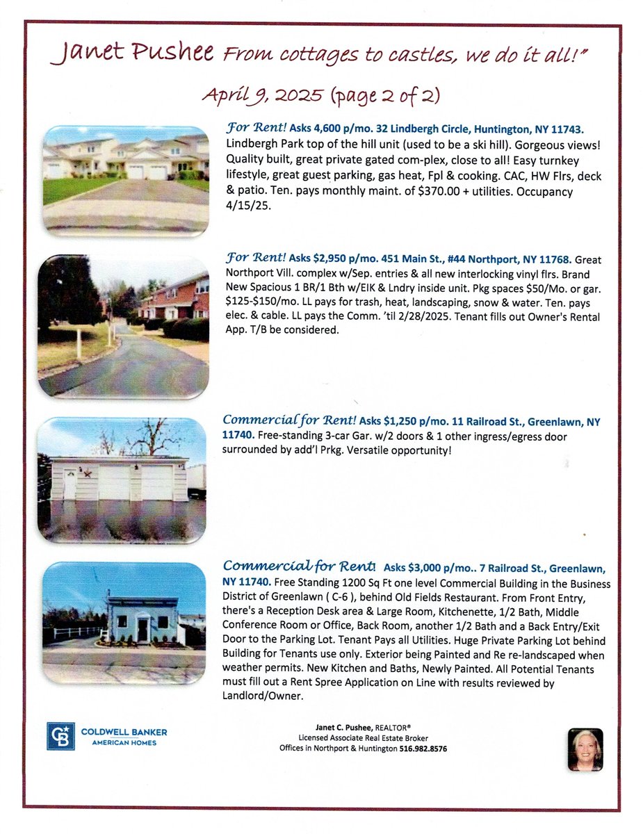 janet_pushee's tweet image. Janet Pushee ~ Moving the market since 1995! Real Estate Opportunities 4/9/25! (pg 2) #RealEstate #Northport #LakeGrove #HouseForSale #OpenHouse #ColdwellBanker #HomeSold #Greenlawn #Huntington #ForRent #NewConstruction #CommercialProperty  #GlenCove #Smithtown #Rented