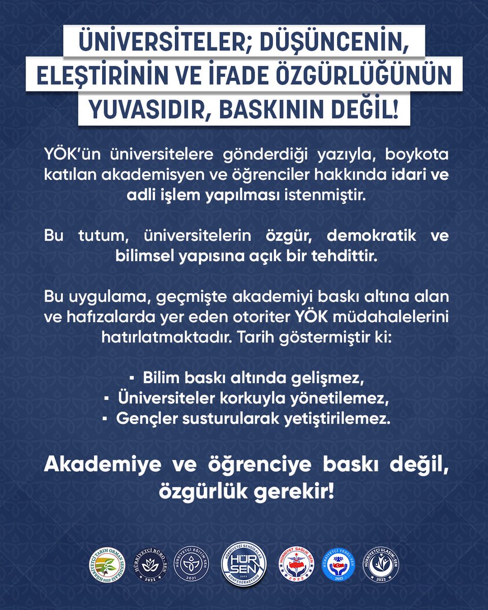 Akademiye ve öğrenciye baskı değil, özgürlük gerekir!
<a href="/HurEgitimSen/">Hürriyetçi Eğitim Sen Genel Merkezi</a> 
<a href="/leventkuruoglu/">Levent Kuruoğlu</a> 
<a href="/YuksekogretimK/">Yükseköğretim Kurulu</a>