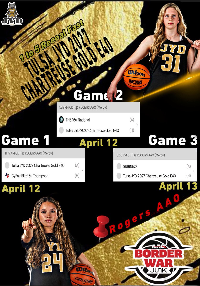 Tulsa JYD Girls Basketball Club (@jydbasketball) on Twitter photo Our Tulsa JYD 2027 Gold E40 squad runs fast and jumps high! Come watch us work at <a href="/Borderwar1/">Borderwar Tourney</a> this weekend in Rogers, Arkansas.
<a href="/AvaSlagle_00/">Ava Slagle</a> <a href="/AnnaRaymond31/">Anna Raymond</a> <a href="/BrooklynMiles05/">Brooklyn Miles</a> <a href="/KWray2027_BKWBB/">Kennedy Wray</a> <a href="/laurenn_still/">Lauren Still</a> <a href="/Tyceedowney/">Tycee</a> <a href="/makennaboulware/">Makenna Boulware</a> <a href="/aubrea_f/">Aubrea Franklin</a> Our Tulsa JYD 2027 Gold E40 squad runs fast and jumps high! Come watch us work at <a href="/Borderwar1/">Borderwar Tourney</a> this weekend in Rogers, Arkansas.
<a href="/AvaSlagle_00/">Ava Slagle</a> <a href="/AnnaRaymond31/">Anna Raymond</a> <a href="/BrooklynMiles05/">Brooklyn Miles</a> <a href="/KWray2027_BKWBB/">Kennedy Wray</a> <a href="/laurenn_still/">Lauren Still</a> <a href="/Tyceedowney/">Tycee</a> <a href="/makennaboulware/">Makenna Boulware</a> <a href="/aubrea_f/">Aubrea Franklin</a>