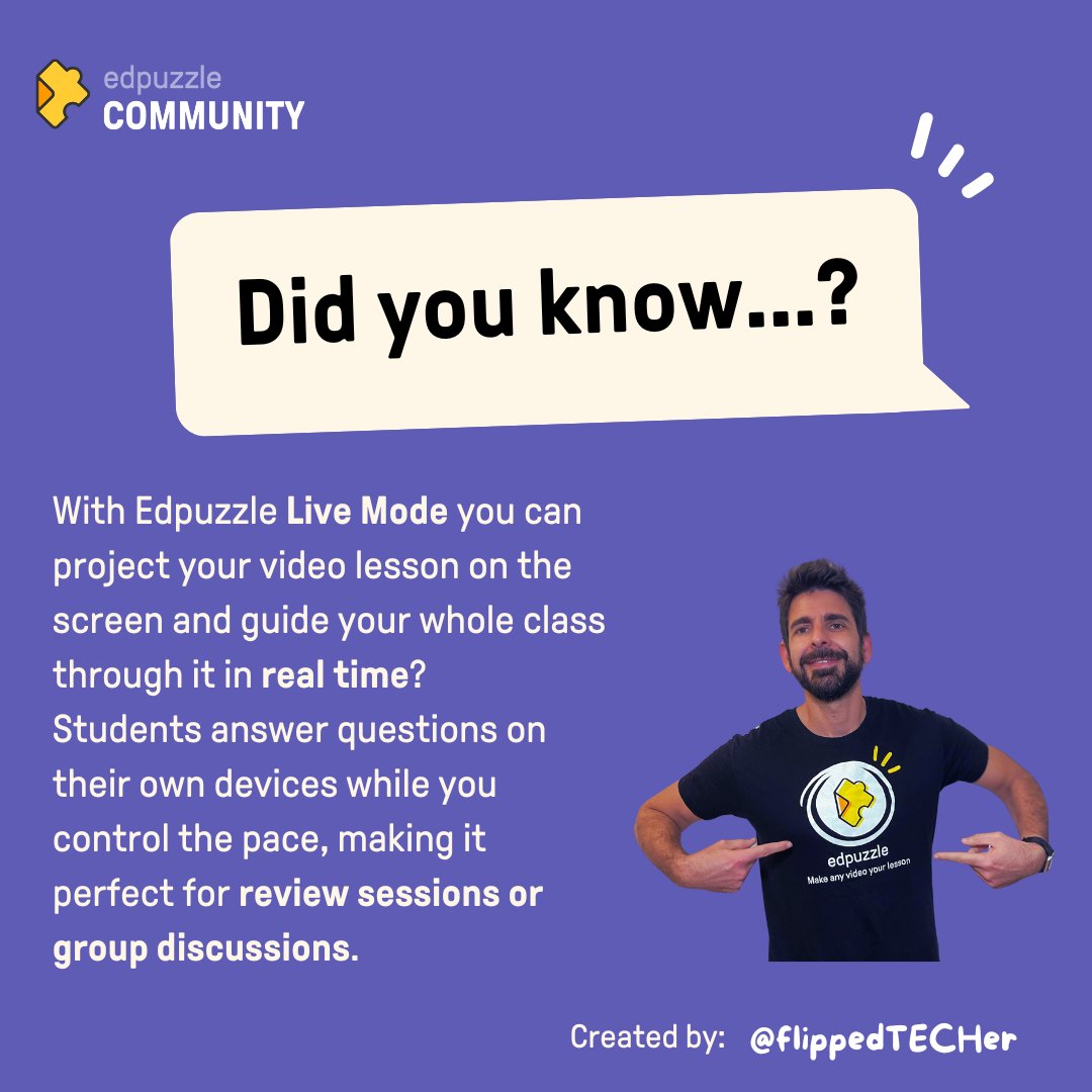 Did you know that with <a href="/edpuzzle/">Edpuzzle</a>  Live Mode you can project your video lesson on the screen and guide your whole class through it in real time?
#edpuzzle #Edtech #teachers