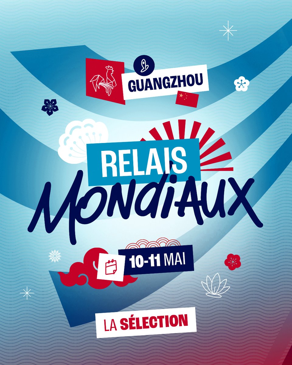 FFAthletisme's tweet photo. 🇲🇫 Découvrez la sélection française pour les 𝗥𝗲𝗹𝗮𝗶𝘀 𝗠𝗼𝗻𝗱𝗶𝗮𝘂𝘅, qui auront lieu à Guangzhou (Chine) les 10 et 11 mai 2025.

👉 https://t.co/Ce7gvB96U3

#WorldRelays https://t.co/Xu4Pw7DJrz