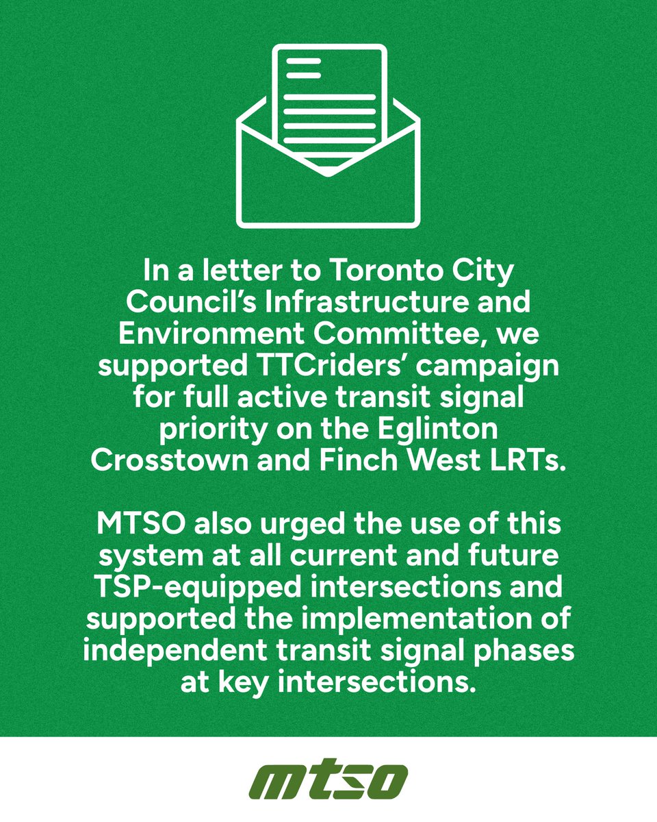 moretransitso's tweet photo. Advocacy Update: In a letter to Toronto City Council’s Infrastructure and Environment Committee, we supported TTCriders’ campaign for full active transit signal priority on the Eglinton Crosstown and Finch West LRTs. https://t.co/Ic9oUWkyag