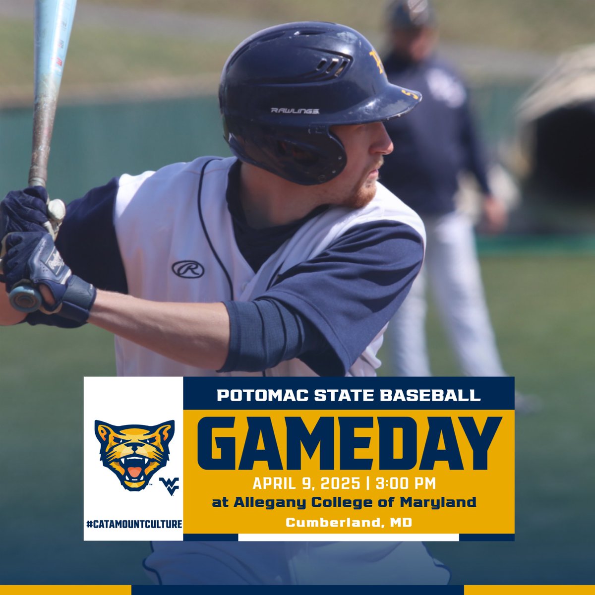 GameDay April 9, 2025
⚾ Potomac State 🆚 ACM
🕙 3:00PM
📊  go.wvu.edu/PS-Baseball-25
📍 Cumberland, MD
🏟️ Steve Bazarnic Field
#CatamountCulture