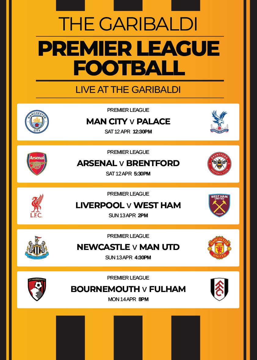 GariRedhill's tweet photo. Don't miss out on this weekend's Premier League games and quarter final matches across UEFA competitions next week, live at the Garibaldi. #livesport #redhill #communitypub https://t.co/r49FoAn7Rn