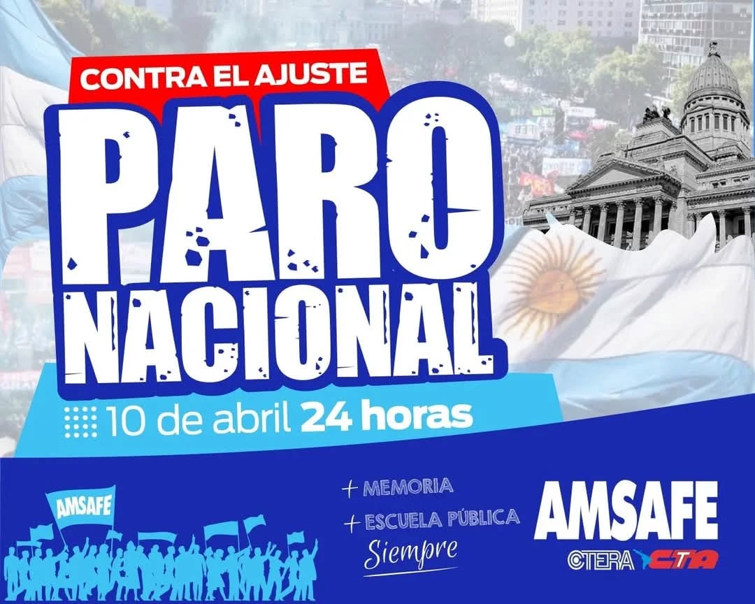 AMSAFELaCapital's tweet photo. PARO Y MOVILIZACIÓN📷

📷Miércoles 9/4
Concentramos 16:30 en Legislatura 
Marchamos a Plaza 25 de Mayo.

📷Jueves 10/4
Paro General de 24 horas:

PARA QUE EL AJUSTE NO LO PAGUEMOS MÁS LOS TRABAJADORES, SUMATE A LAS MOVILIZACIONES! 📷📷 https://t.co/gv1Eq0S0z1