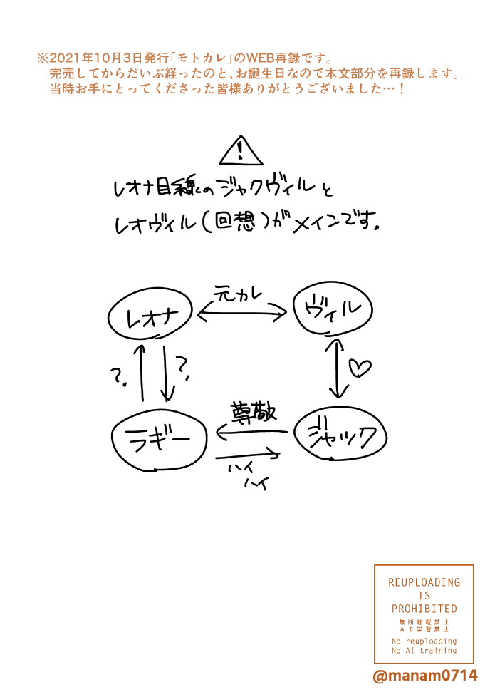 【WEB再録】モトカレ(1-4/25)
⚠️破局済レオヴィルと現在進行系ジャクヴィル⚠️

2021年10月3日発行「モトカレ」のWEB再録です。
破局済みのレオヴィル(過去回想メイン)とレオナ目線のジャクヴィルでレオナとラギーもちょっと。大団円エンド。 