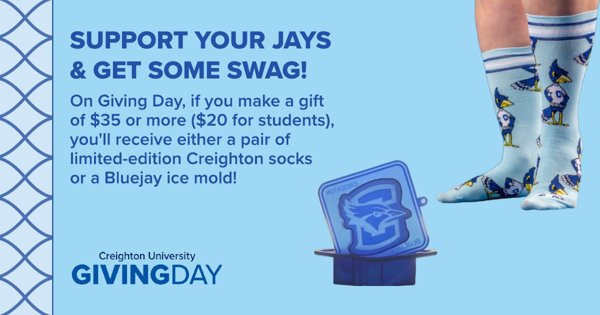 It's Giving Day at Creighton! Support your favorite Bluejay team or area of campus and select your prize. Use this link: givingday.creighton.edu/?referral_id=6…