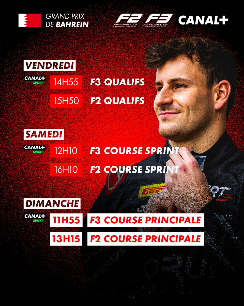 💥ALERTE PROGRAMME💥

#F1, #F2 et #F3 au programme de ce week-end de "Grand Grand Prix" sur les Antennes <a href="/canalplus/">CANAL+</a> !! 🏍️🇶🇦🏁 🏎️🇧🇭🏁

Que ce soit au #Qatar pour la Moto ou à #Bahreïn sur quatre roues, on va se régaler les ami(e)s !! 😉😘

#RDVau1erVirage #BahrainGP #QatarGP