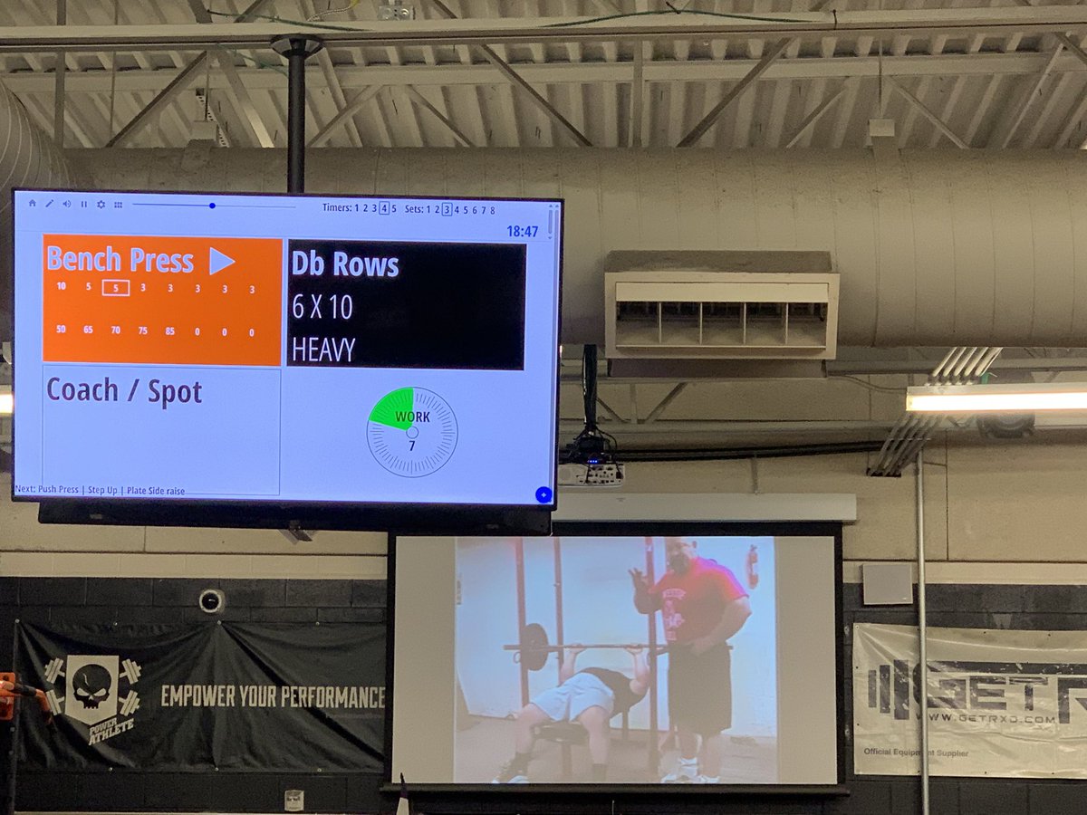 MonteSparkman's tweet photo. #BIGBENCHWEDNESDAY Bands make everything more fun!! Started with some @VincentDizenzo rows, followed by some fast bench above .8m/s, then 8 x 3 triples, and then worked up to a single on the #futuremethod @FootballHaltom #BTH #HaltomFamily #darkside #westside https://t.co/5BYmQjg76c