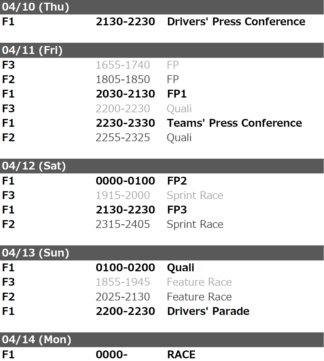 Rd04 バーレーンGPのタイムスケジュール（日本時間）です。 #f1 #f1jp #f1fujinext #F1DAZN F2とF3も併催されます。  ヨーロッパで開催されるレースよりやや遅めの時間で、個人的には最も見やすくて好きな時間帯です。 リンクは、FIAのバーレーンGPのページです。  https ...