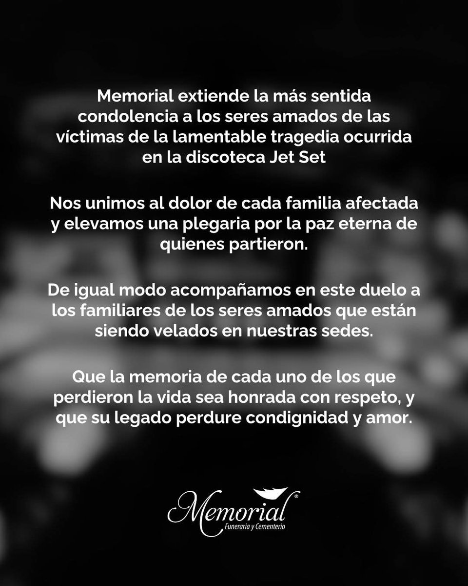 cerda_ysabel's tweet photo. Memorial extiende la más sentida condolencia a los seres amados de las víctimas de la lamentable tragedia ocurrida en la discoteca Jet Set.

#MemorialRD #LutoNacional #JetSet #JetSetClub https://t.co/hq6RdvZgMv