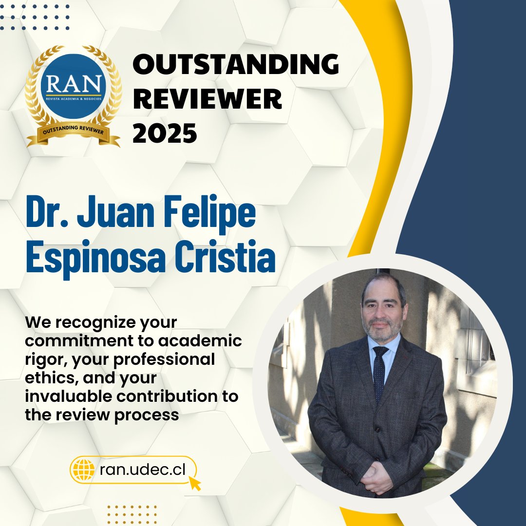 RAN_UdeC's tweet image. ¡Reconocemos a nuestro primer Revisor Destacado de este 2025! 🌟
Como equipo editorial queremos felicitar al Dr. Juan Felipe Espinosa Cristia por su increíble compromiso y dedicación en su labor como revisor de nuestra revista.
¡Gracias por su valioso aporte! 👏