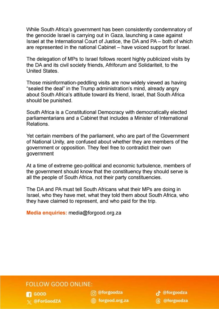 DA AND PA PARLIAMENTARIANS’ SECRET FROLIC TO ISRAEL

The DA and PA must tell South Africans what their MPs are doing in Israel, who they have met, what they told them about South Africa, who they have claimed to represent, and who paid for the trip.

Read